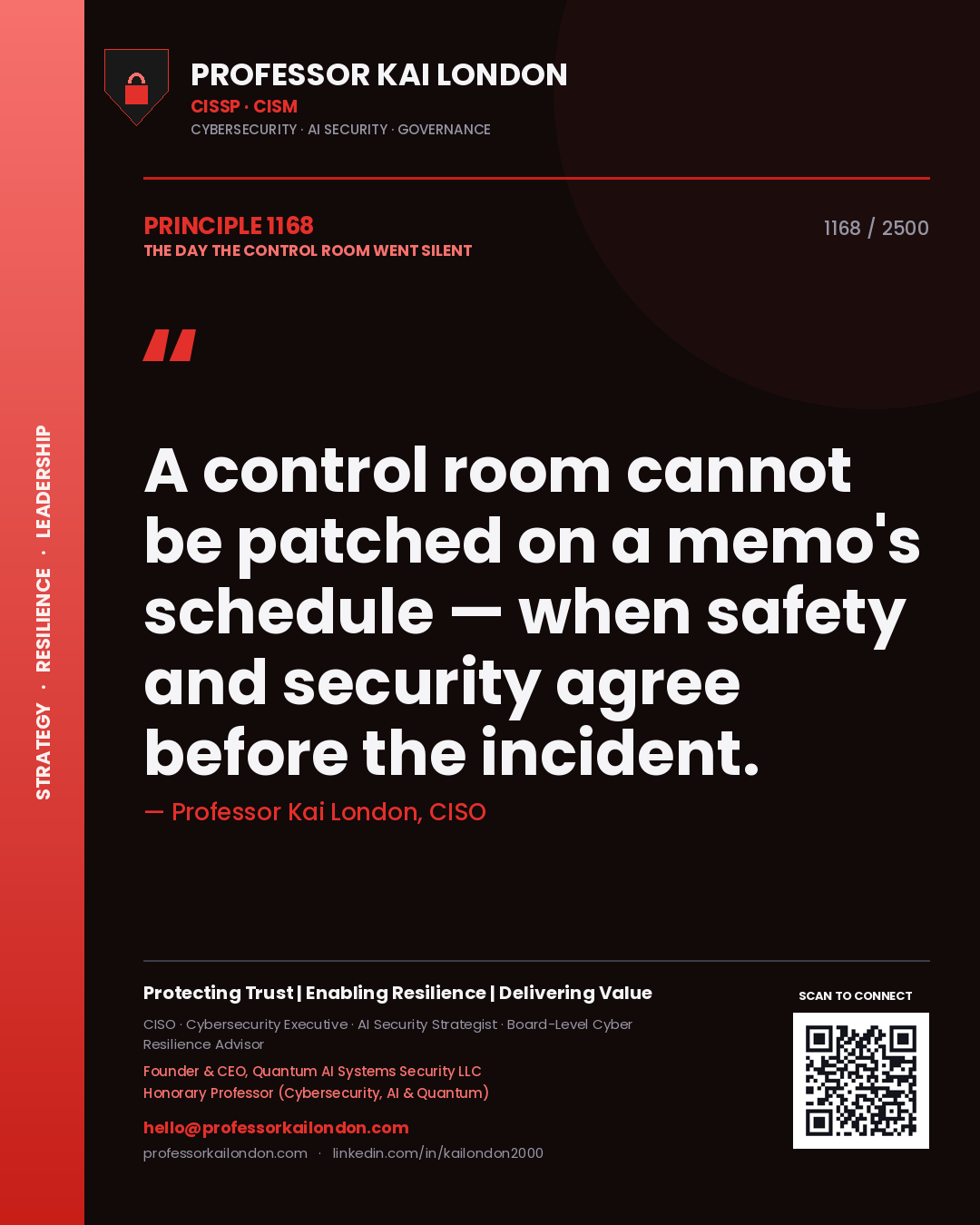 Quote card by Professor Kai London reading 'A control room cannot be patched on a memo's schedule — when safety and security agree before the incident.'. From the book The Day the Control Room Went Silent.