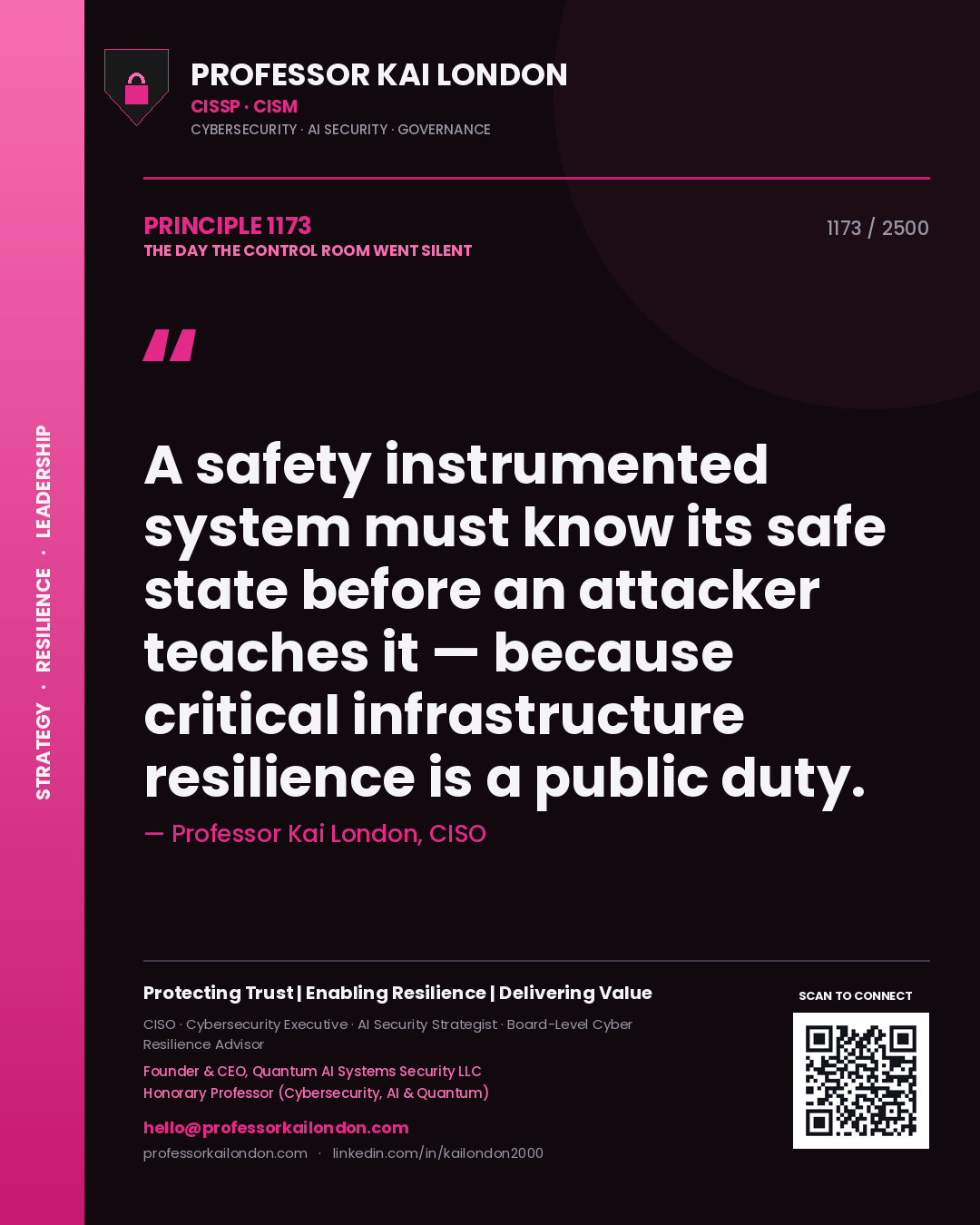 Quote card by Professor Kai London reading 'A safety instrumented system must know its safe state before an attacker teaches it — because critical infrastructure resilience is a public duty.'. From the book The Day the Control Room Went Silent.