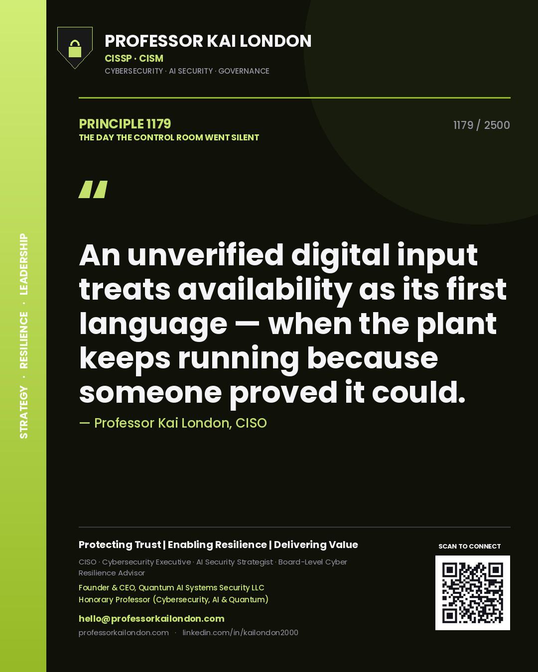 Quote card by Professor Kai London reading 'An unverified digital input treats availability as its first language — when the plant keeps running because someone proved it could.'. From the book The Day the Control Room Went Silent.