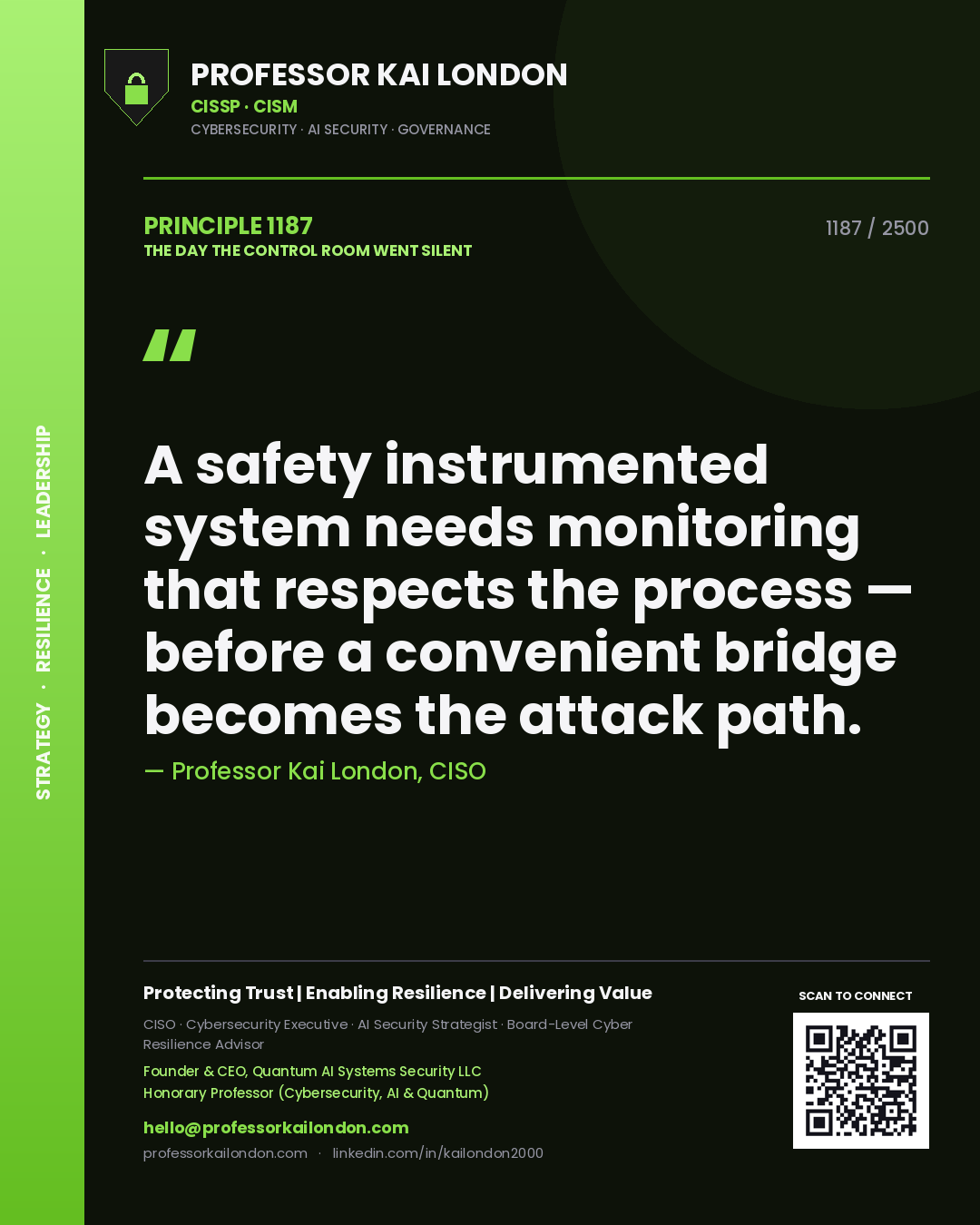 Professor Kai London principle 1187: A safety instrumented system needs monitoring that respects the process — before a convenient bridge becomes the attack path.