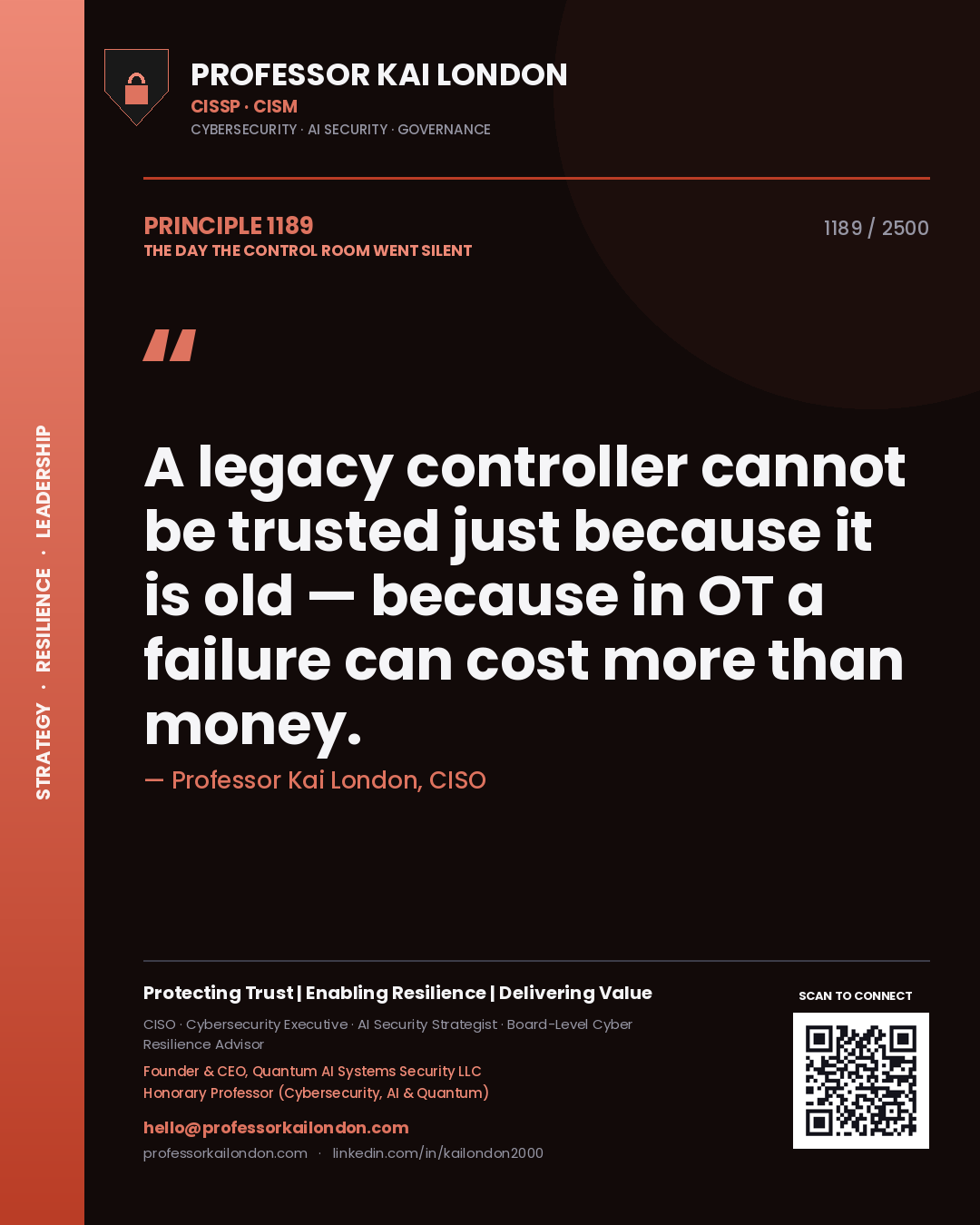 Quote card by Professor Kai London reading 'A legacy controller cannot be trusted just because it is old — because in OT a failure can cost more than money.'. From the book The Day the Control Room Went Silent.