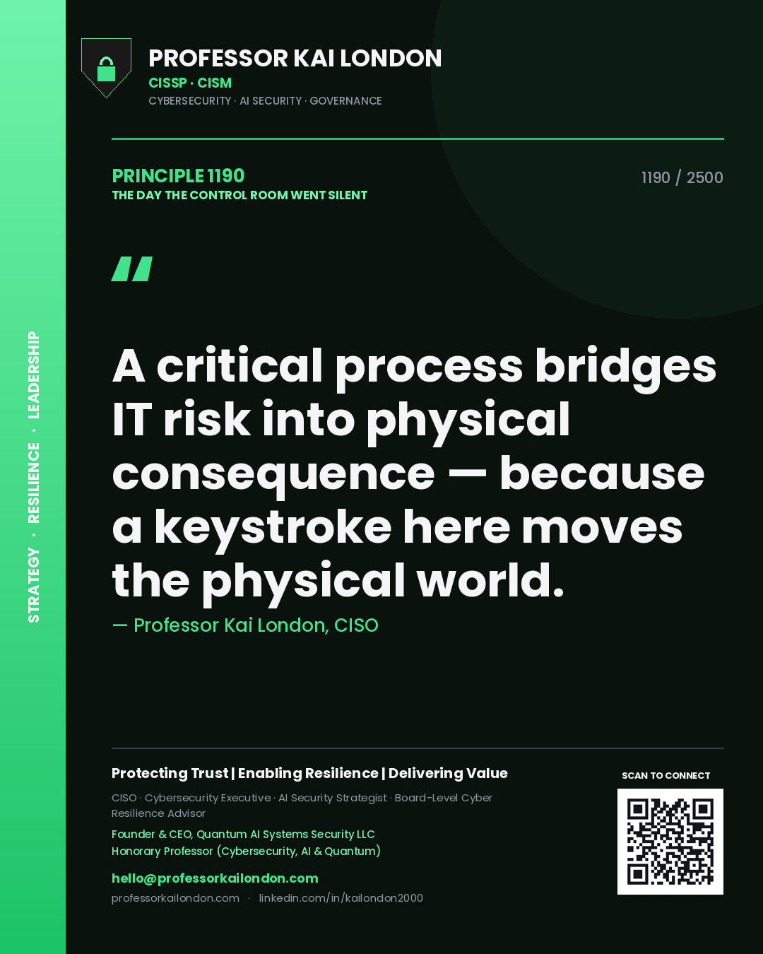 Quote card by Professor Kai London reading 'A critical process bridges IT risk into physical consequence — because a keystroke here moves the physical world.'. From the book The Day the Control Room Went Silent.