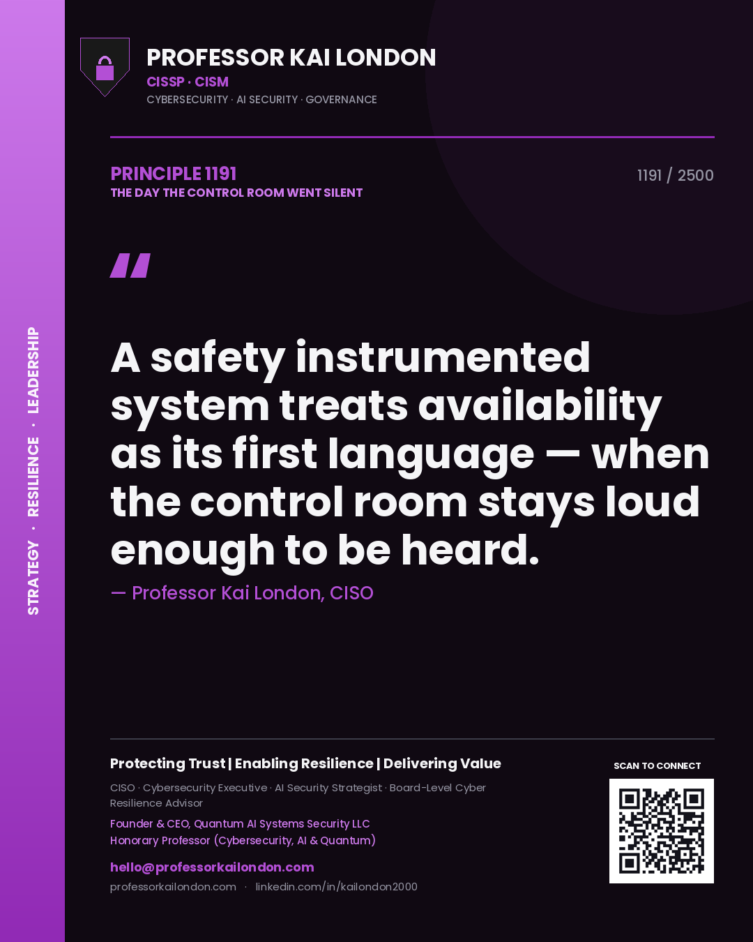 Quote card by Professor Kai London reading 'A safety instrumented system treats availability as its first language — when the control room stays loud enough to be heard.'. From the book The Day the Control Room Went Silent.