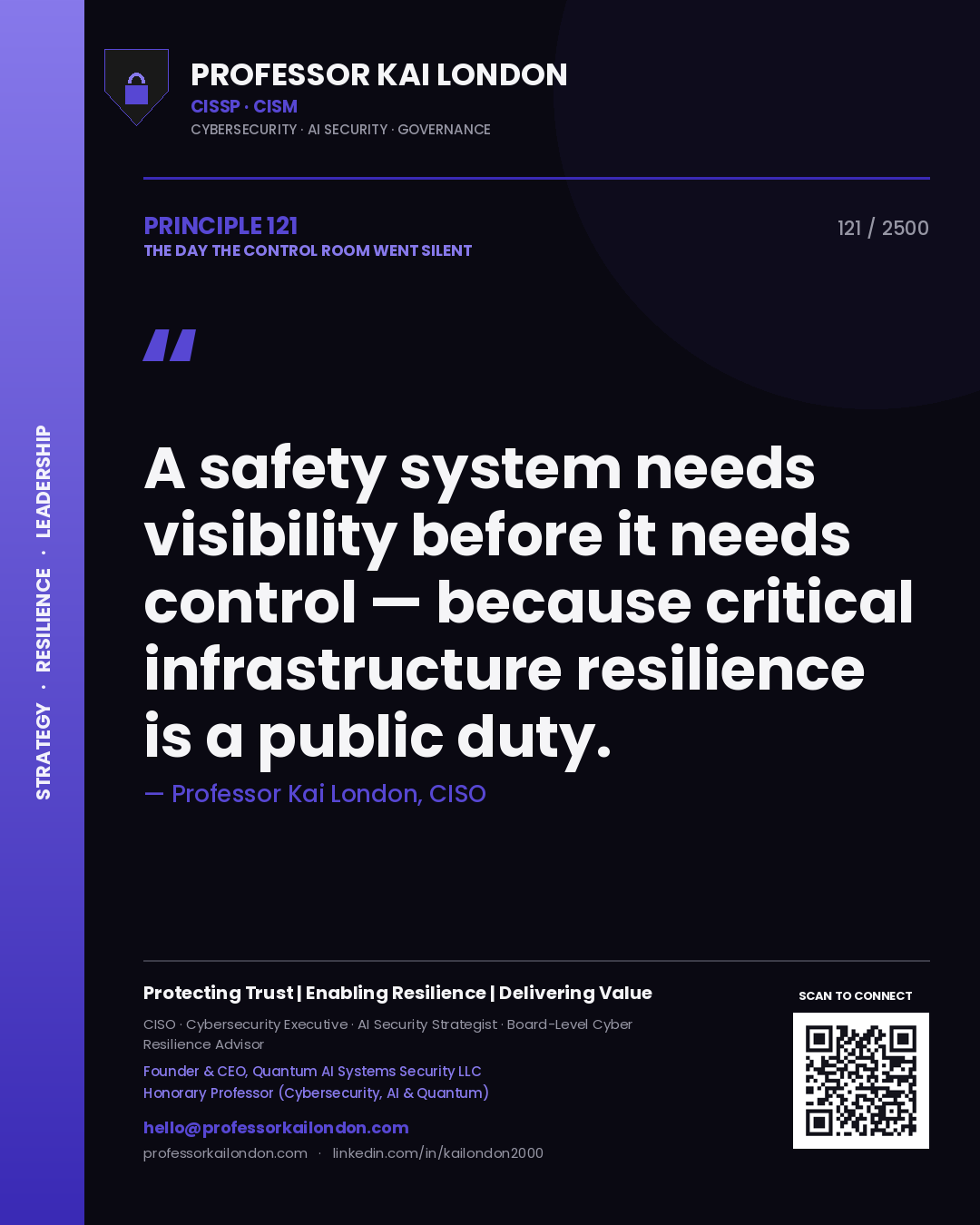 Professor Kai London principle 121: A safety system needs visibility before it needs control — because critical infrastructure resilience is a public duty.