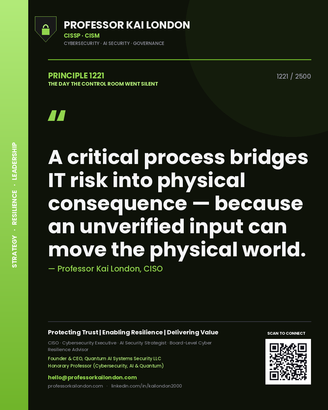 Quote card by Professor Kai London reading 'A critical process bridges IT risk into physical consequence — because an unverified input can move the physical world.'. From the book The Day the Control Room Went Silent.