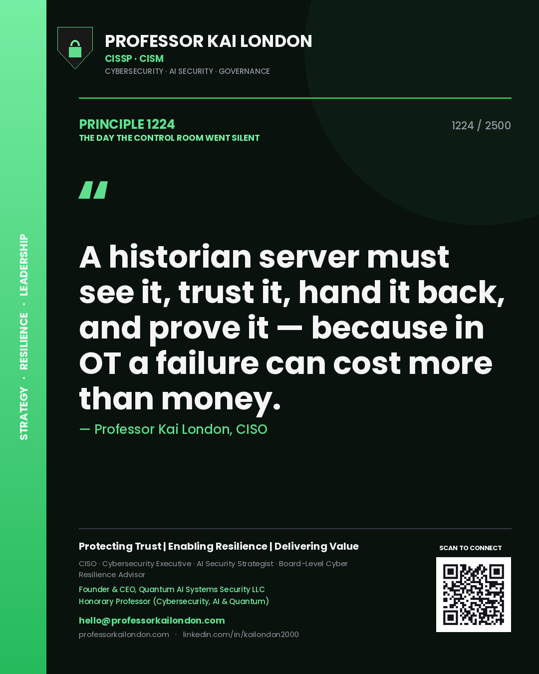 Professor Kai London principle 1224: A historian server must see it, trust it, hand it back, and prove it — because in OT a failure can cost more than money.