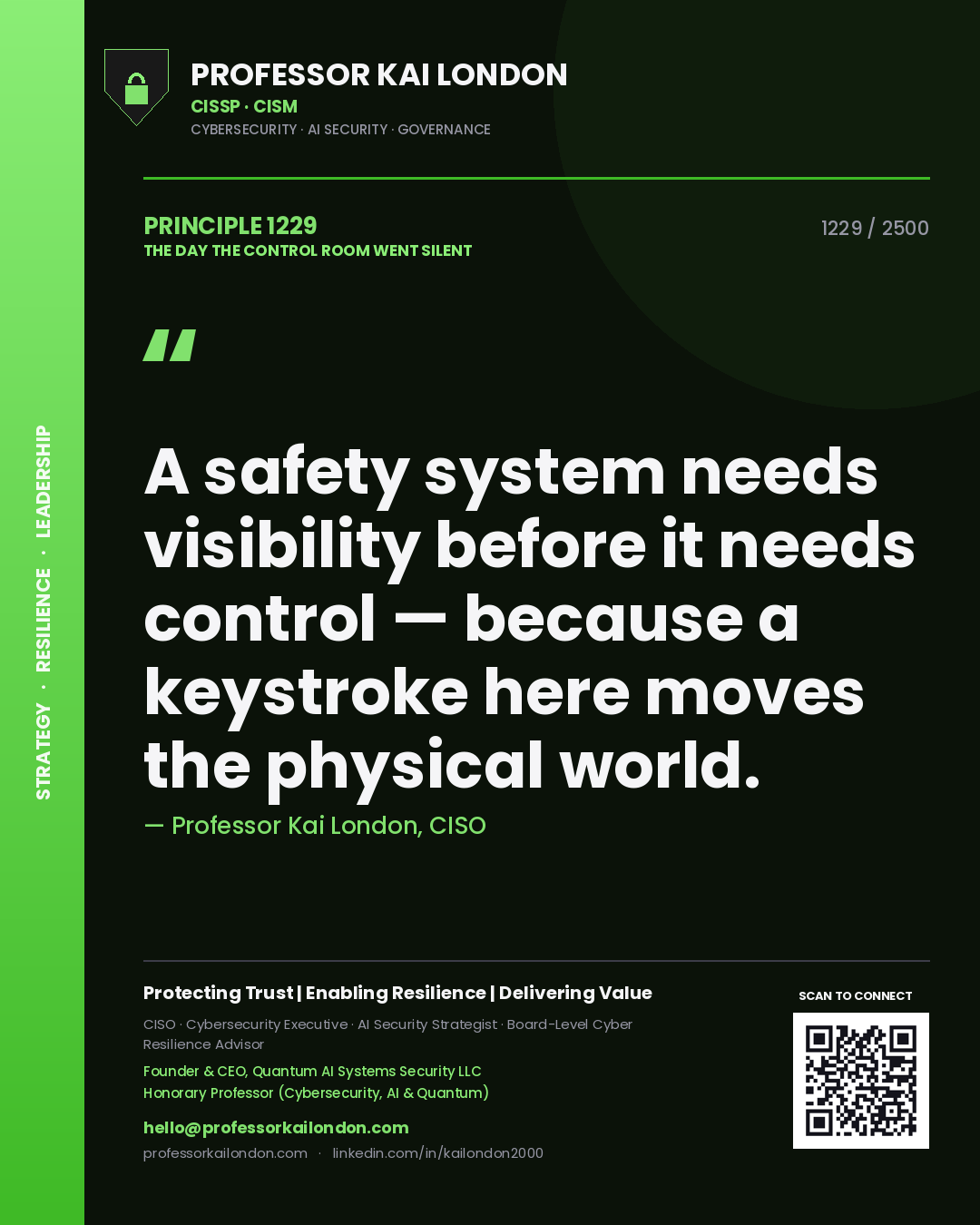 Professor Kai London principle 1229: A safety system needs visibility before it needs control — because a keystroke here moves the physical world.