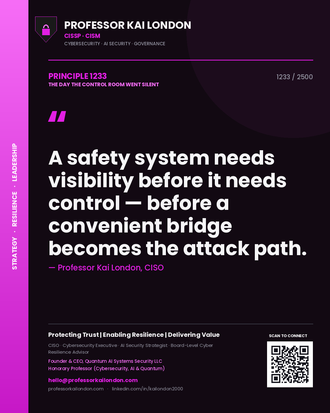 Professor Kai London principle 1233: A safety system needs visibility before it needs control — before a convenient bridge becomes the attack path.