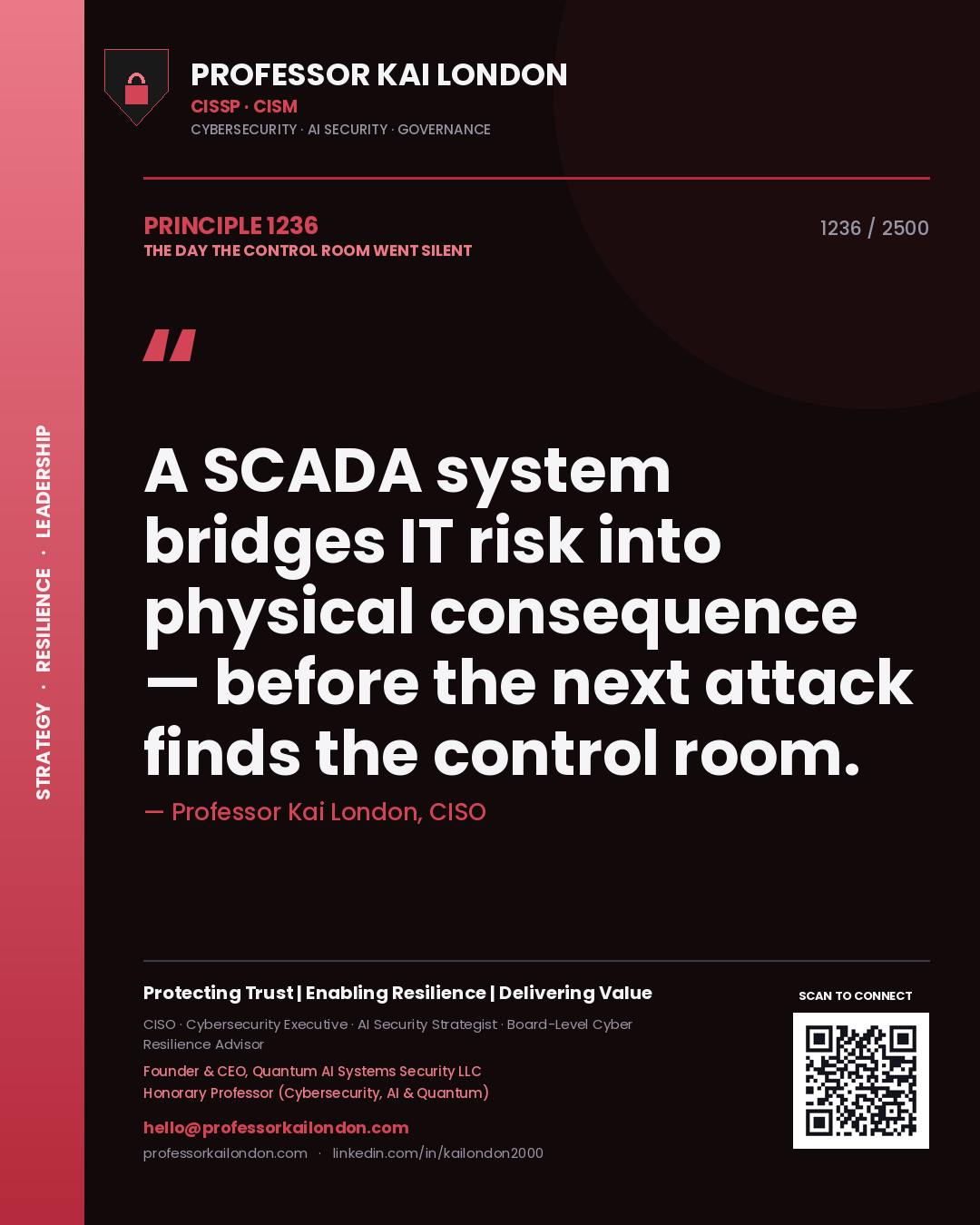 Quote card by Professor Kai London reading 'A SCADA system bridges IT risk into physical consequence — before the next attack finds the control room.'. From the book The Day the Control Room Went Silent.