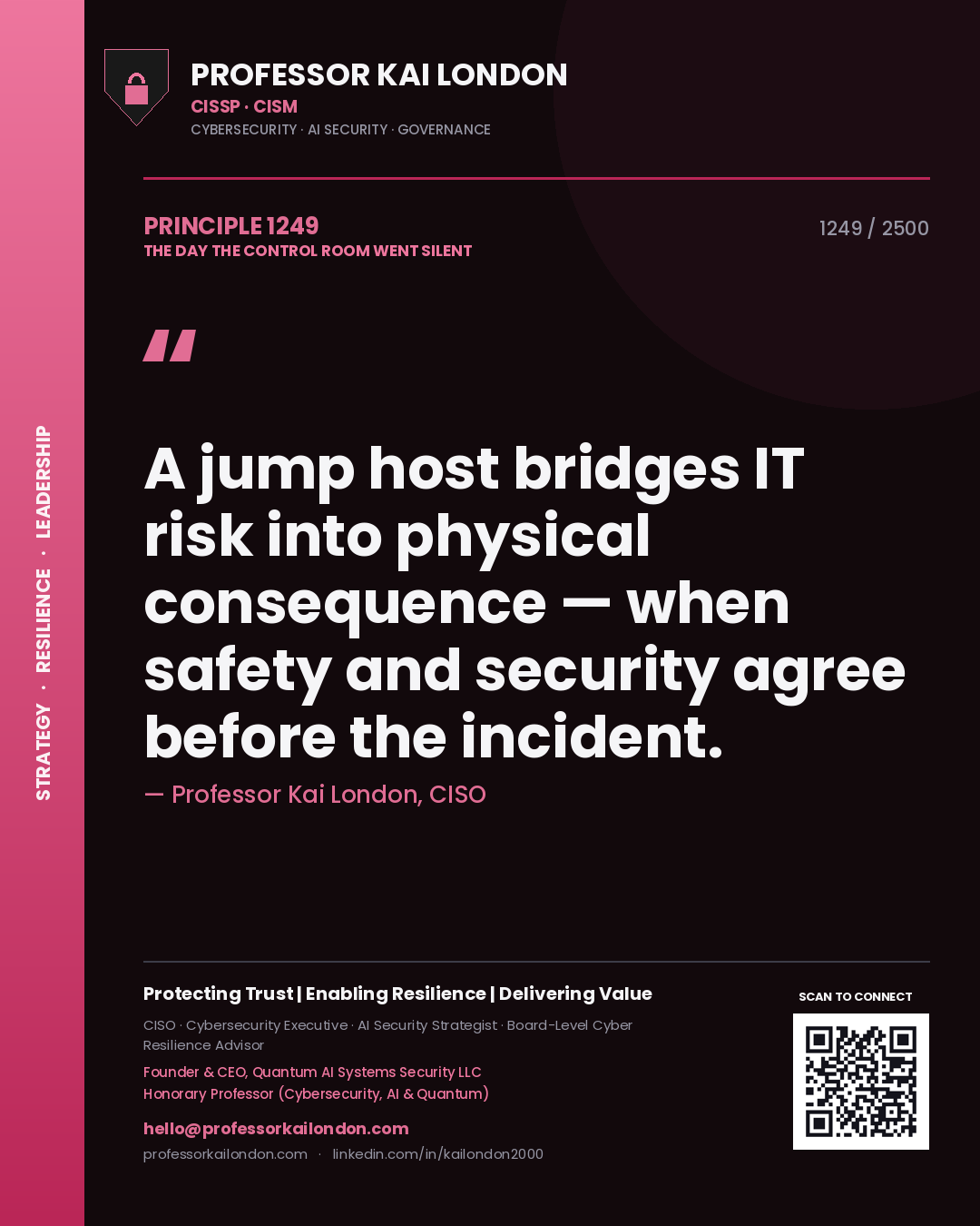 Professor Kai London principle 1249: A jump host bridges IT risk into physical consequence — when safety and security agree before the incident.