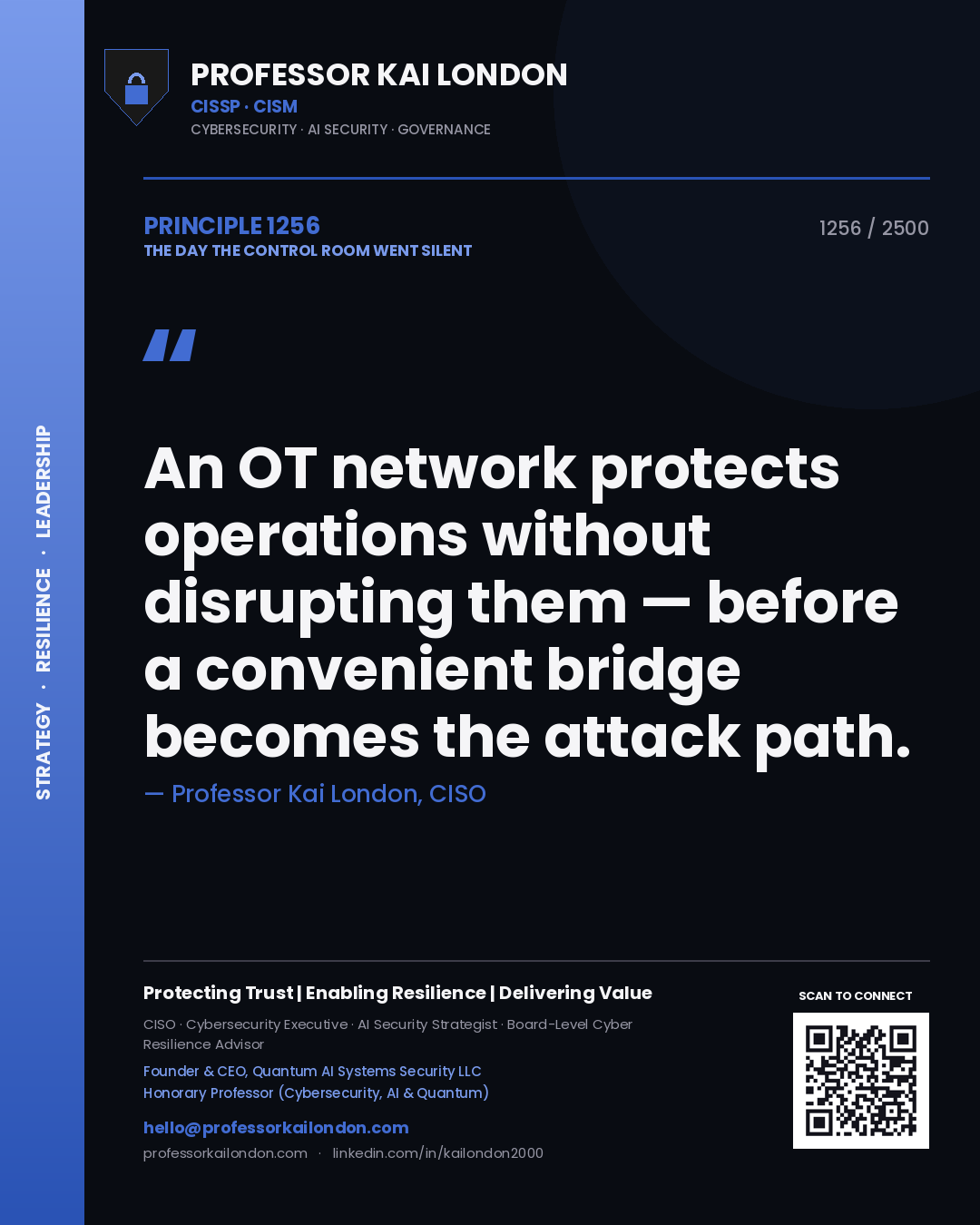 Quote card by Professor Kai London reading 'An OT network protects operations without disrupting them — before a convenient bridge becomes the attack path.'. From the book The Day the Control Room Went Silent.