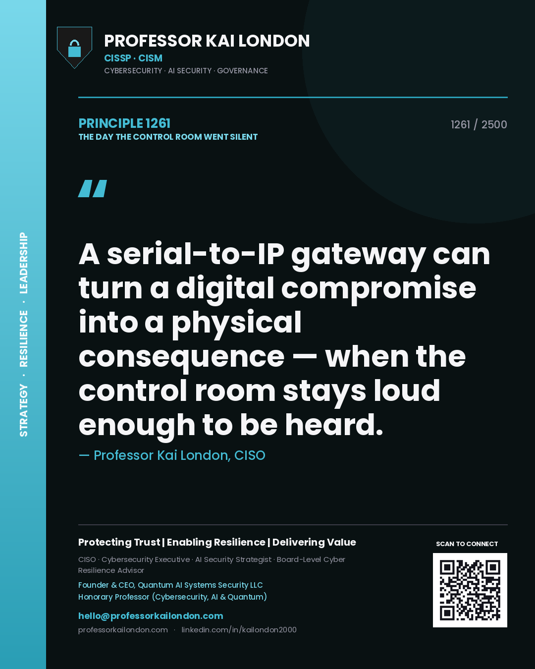 Quote card by Professor Kai London reading 'A serial-to-IP gateway can turn a digital compromise into a physical consequence — when the control room stays loud enough to be heard.'. From the book The Day the Control Room Went Silent.