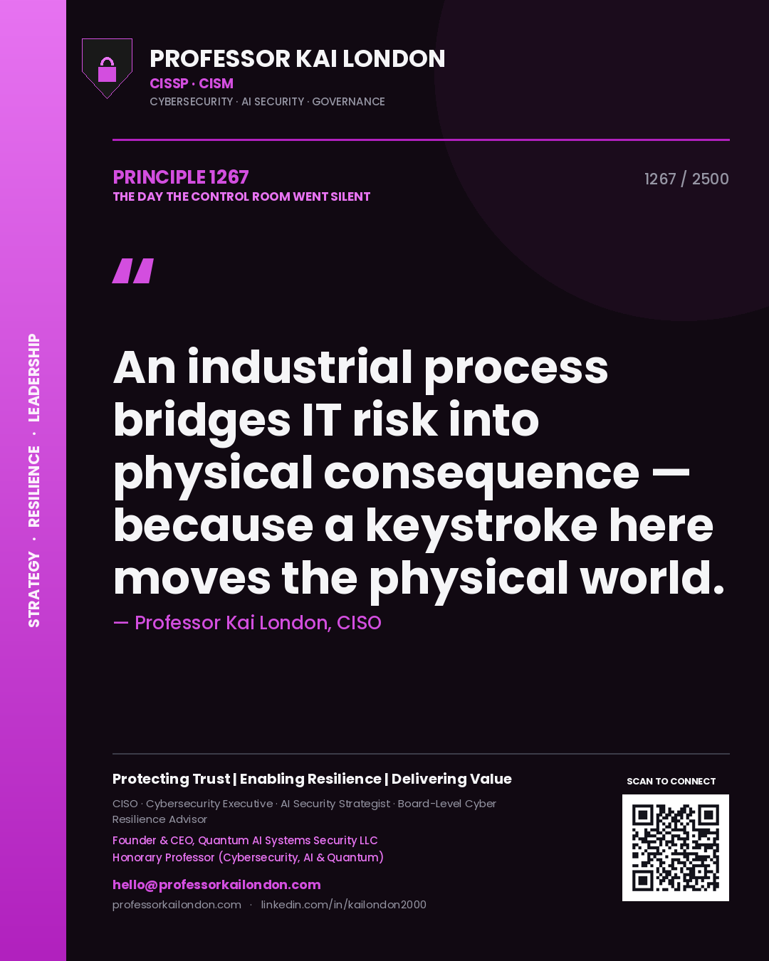 Professor Kai London principle 1267: An industrial process bridges IT risk into physical consequence — because a keystroke here moves the physical world.