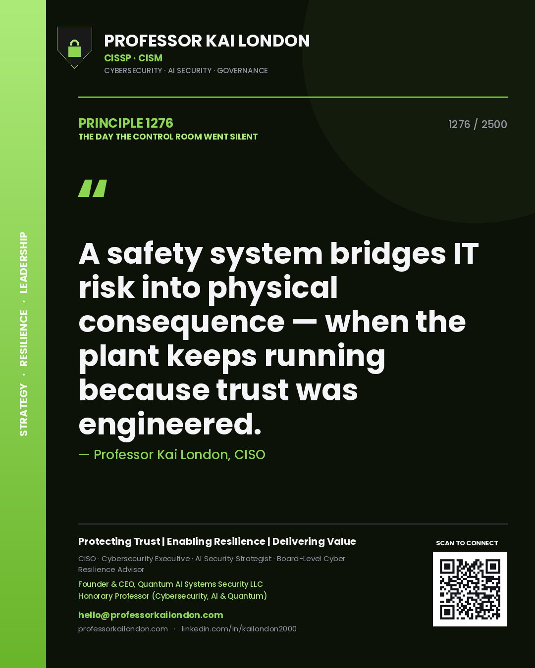 Quote card by Professor Kai London reading 'A safety system bridges IT risk into physical consequence — when the plant keeps running because trust was engineered.'. From the book The Day the Control Room Went Silent.