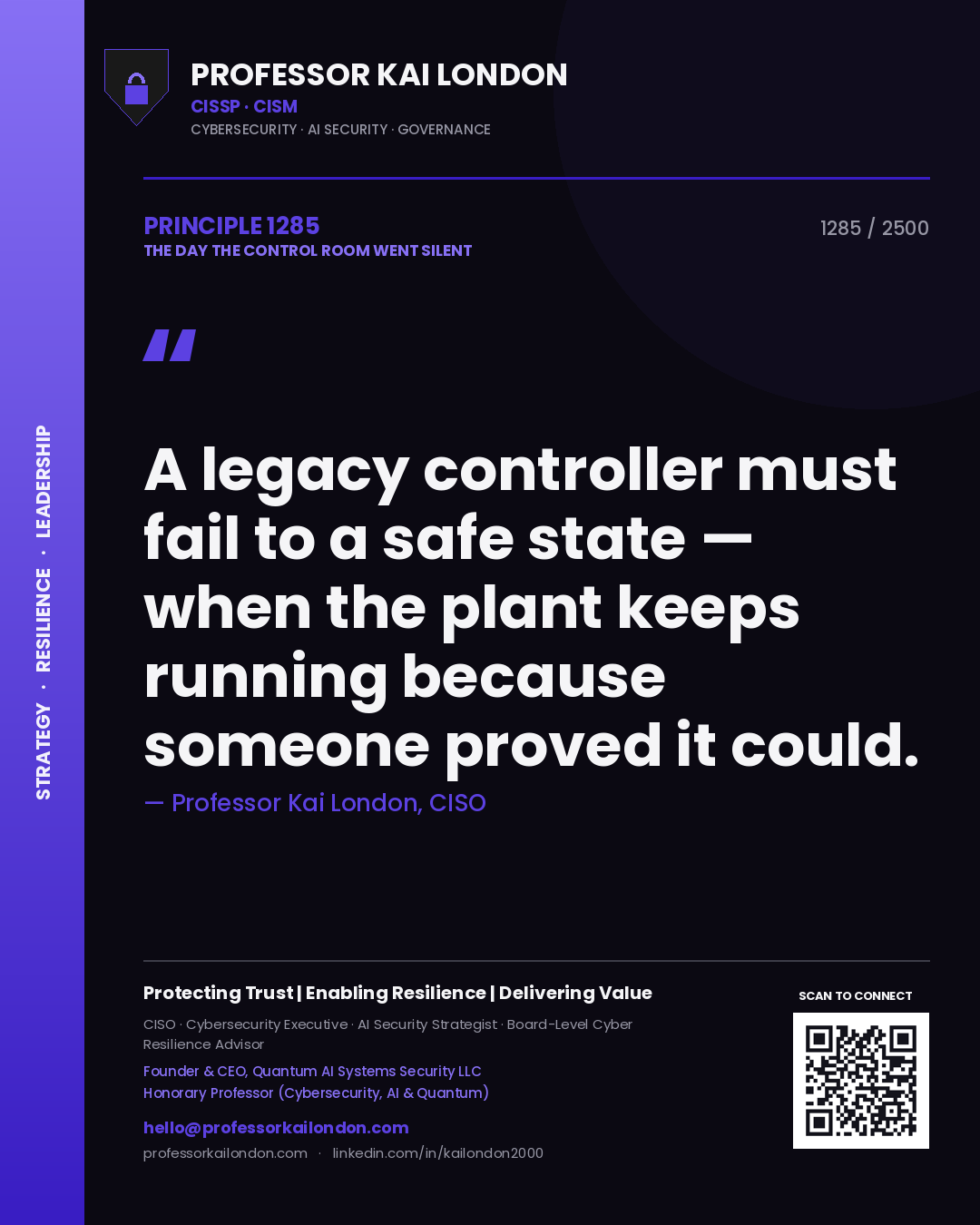 Quote card by Professor Kai London reading 'A legacy controller must fail to a safe state — when the plant keeps running because someone proved it could.'. From the book The Day the Control Room Went Silent.