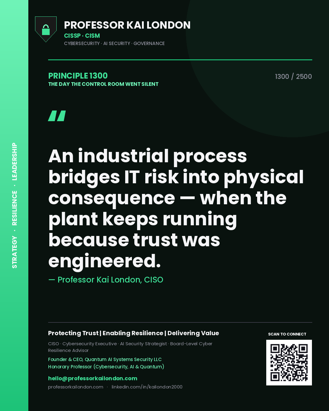 Professor Kai London principle 1300: An industrial process bridges IT risk into physical consequence — when the plant keeps running because trust was engineered.