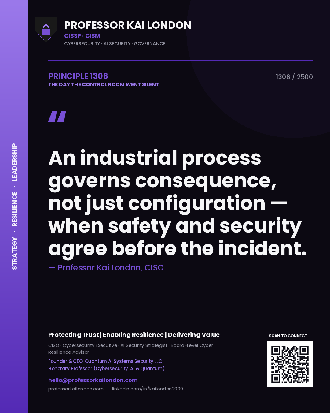 Quote card by Professor Kai London reading 'An industrial process governs consequence, not just configuration — when safety and security agree before the incident.'. From the book The Day the Control Room Went Silent.