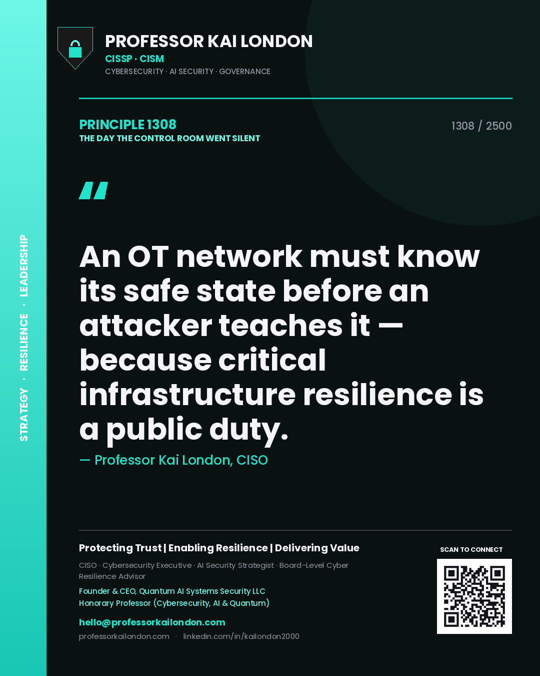Professor Kai London principle 1308: An OT network must know its safe state before an attacker teaches it — because critical infrastructure resilience is a public duty.