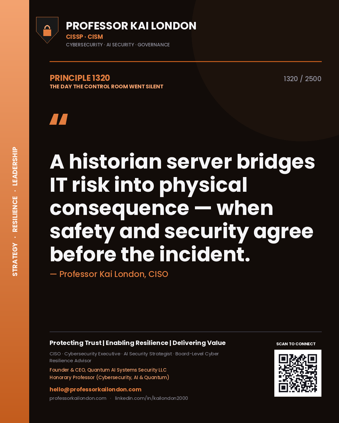 Quote card by Professor Kai London reading 'A historian server bridges IT risk into physical consequence — when safety and security agree before the incident.'. From the book The Day the Control Room Went Silent.