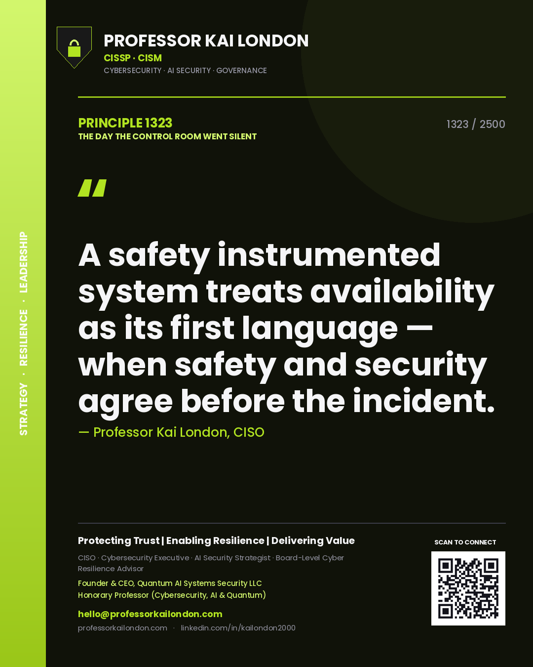 Quote card by Professor Kai London reading 'A safety instrumented system treats availability as its first language — when safety and security agree before the incident.'. From the book The Day the Control Room Went Silent.