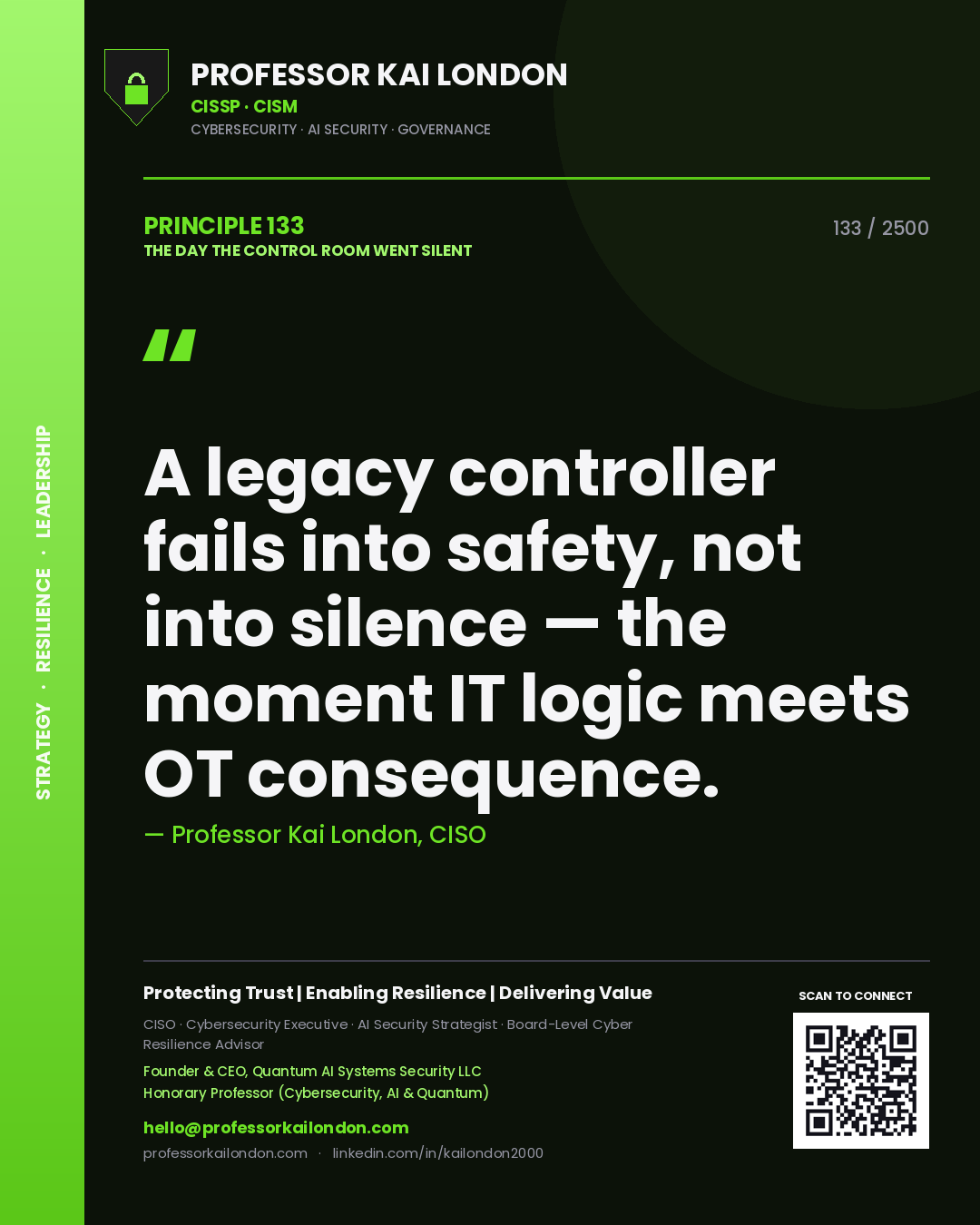 Quote card by Professor Kai London reading 'A legacy controller fails into safety, not into silence — the moment IT logic meets OT consequence.'. From the book The Day the Control Room Went Silent.