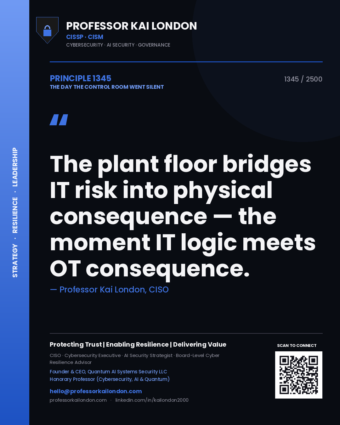 Quote card by Professor Kai London reading 'The plant floor bridges IT risk into physical consequence — the moment IT logic meets OT consequence.'. From the book The Day the Control Room Went Silent.