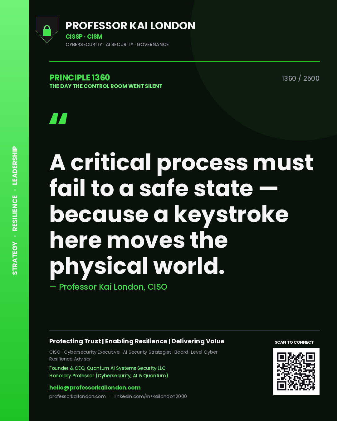 Quote card by Professor Kai London reading 'A critical process must fail to a safe state — because a keystroke here moves the physical world.'. From the book The Day the Control Room Went Silent.