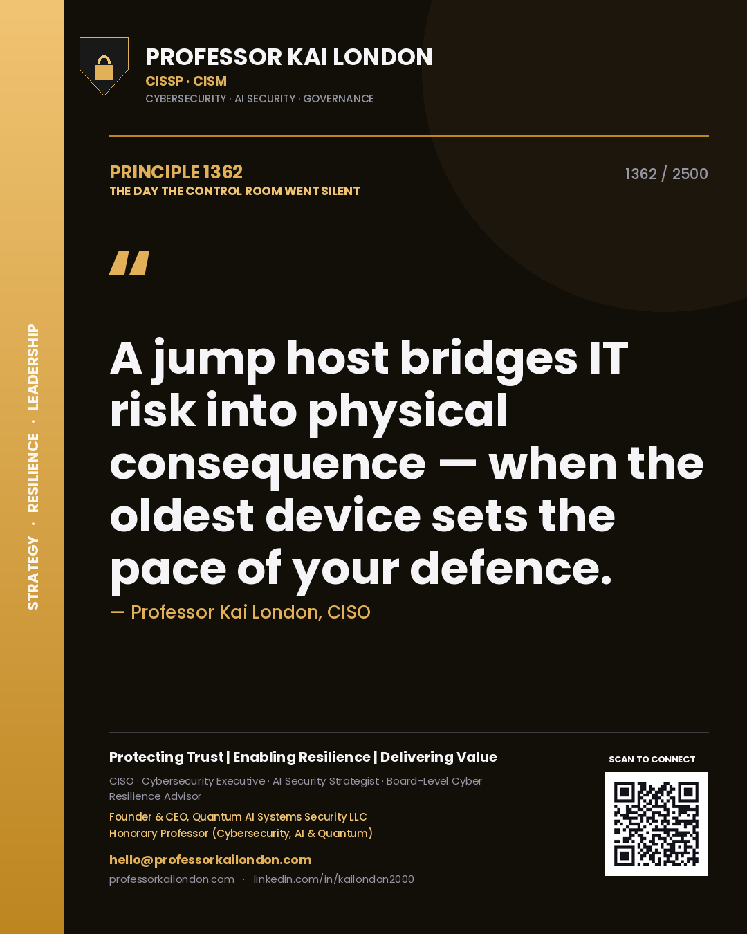 Professor Kai London principle 1362: A jump host bridges IT risk into physical consequence — when the oldest device sets the pace of your defence.