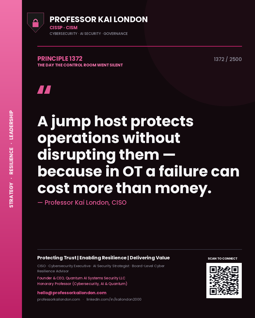 Quote card by Professor Kai London reading 'A jump host protects operations without disrupting them — because in OT a failure can cost more than money.'. From the book The Day the Control Room Went Silent.