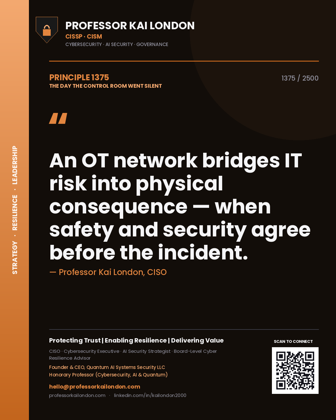 Quote card by Professor Kai London reading 'An OT network bridges IT risk into physical consequence — when safety and security agree before the incident.'. From the book The Day the Control Room Went Silent.