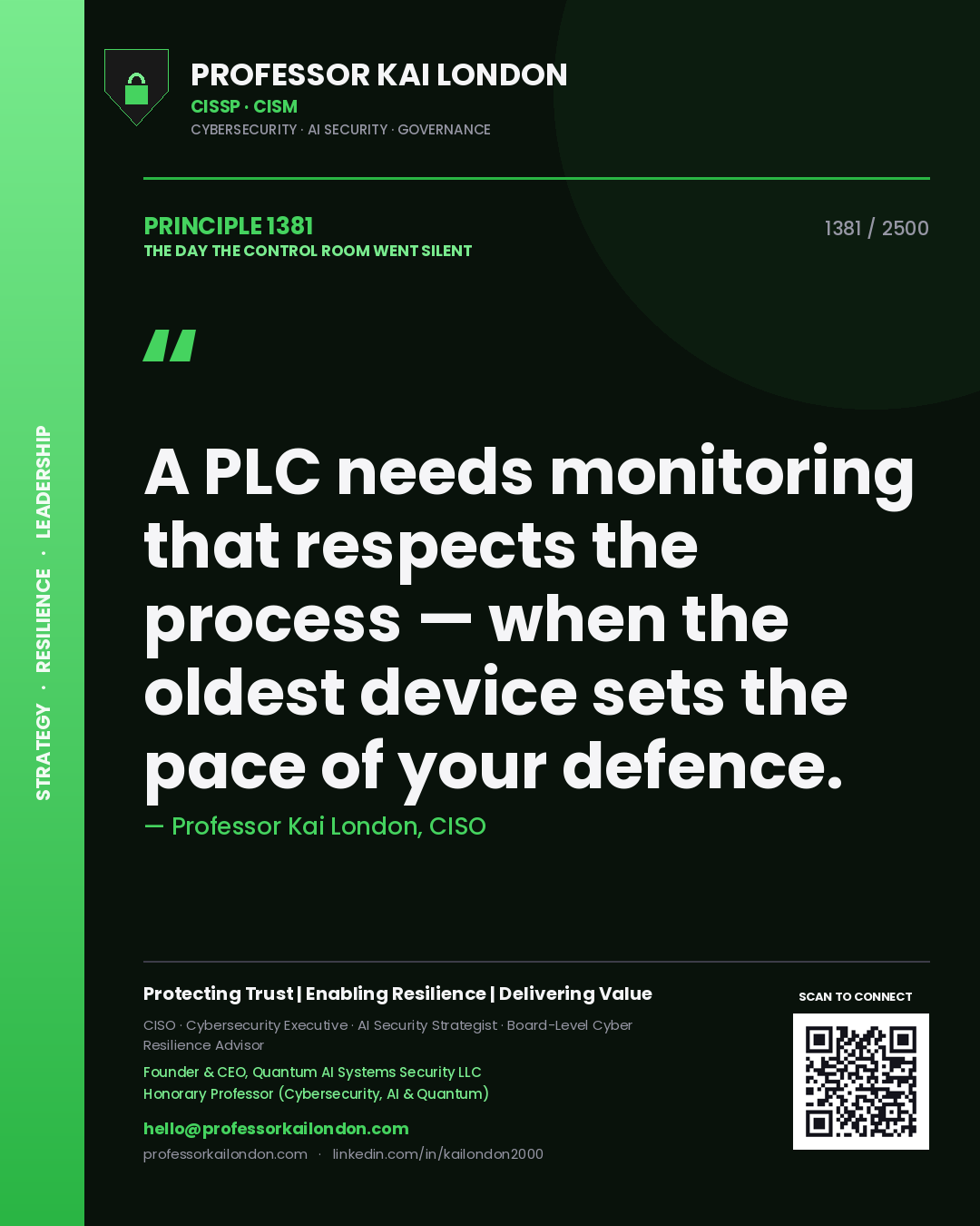 Quote card by Professor Kai London reading 'A PLC needs monitoring that respects the process — when the oldest device sets the pace of your defence.'. From the book The Day the Control Room Went Silent.