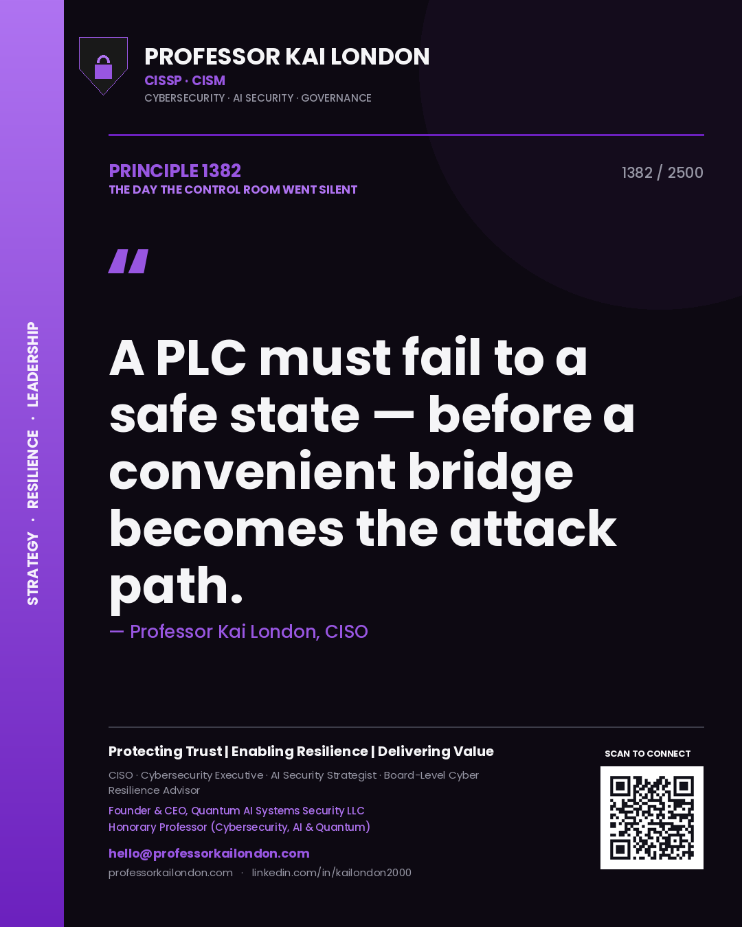 Quote card by Professor Kai London reading 'A PLC must fail to a safe state — before a convenient bridge becomes the attack path.'. From the book The Day the Control Room Went Silent.