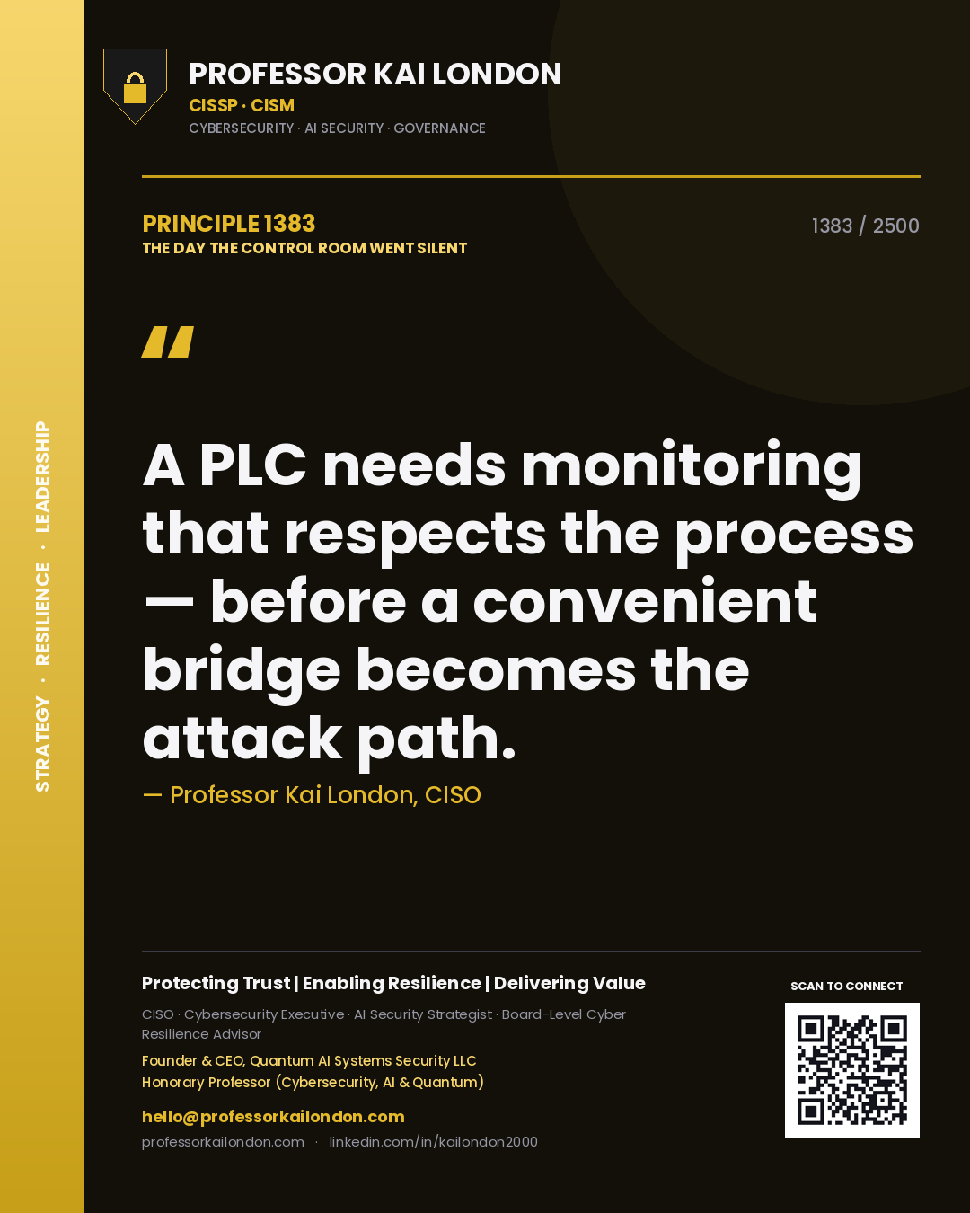 Quote card by Professor Kai London reading 'A PLC needs monitoring that respects the process — before a convenient bridge becomes the attack path.'. From the book The Day the Control Room Went Silent.
