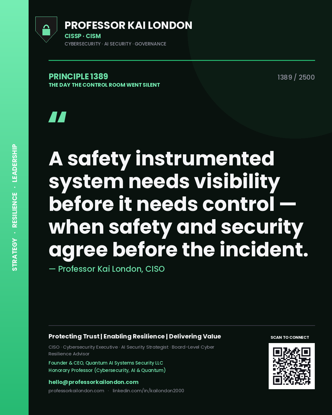 Quote card by Professor Kai London reading 'A safety instrumented system needs visibility before it needs control — when safety and security agree before the incident.'. From the book The Day the Control Room Went Silent.