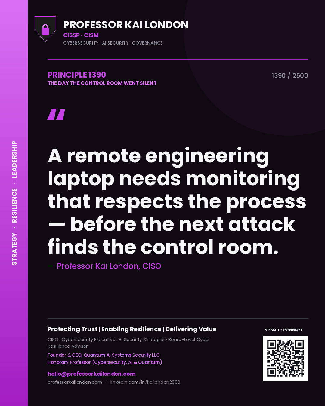 Quote card by Professor Kai London reading 'A remote engineering laptop needs monitoring that respects the process — before the next attack finds the control room.'. From the book The Day the Control Room Went Silent.