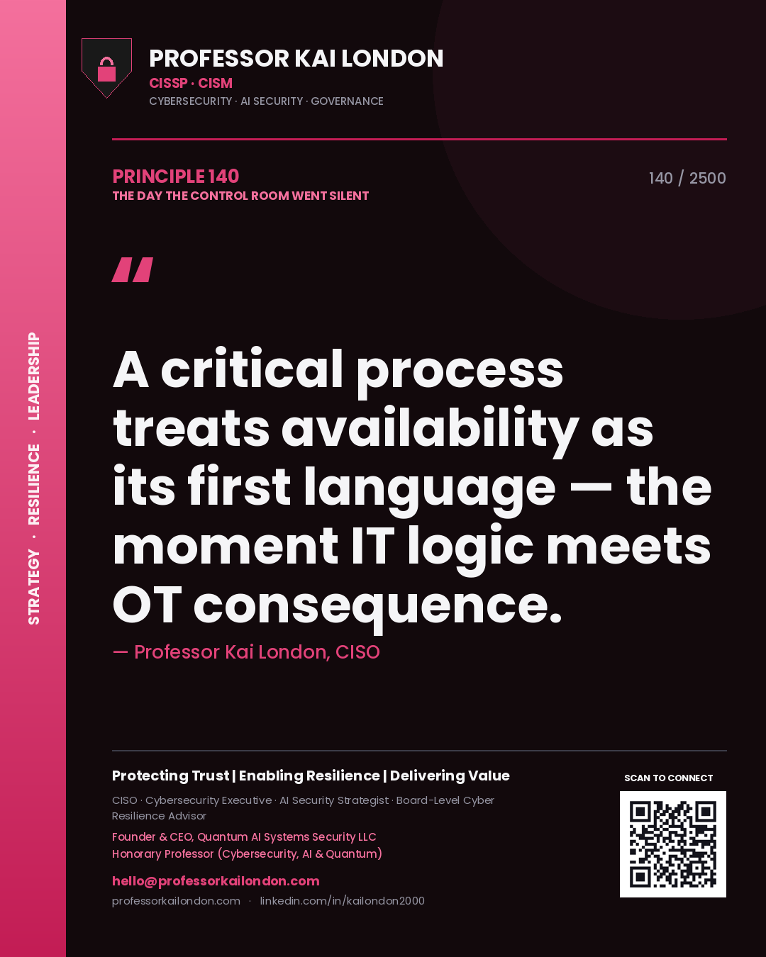 Professor Kai London principle 140: A critical process treats availability as its first language — the moment IT logic meets OT consequence.
