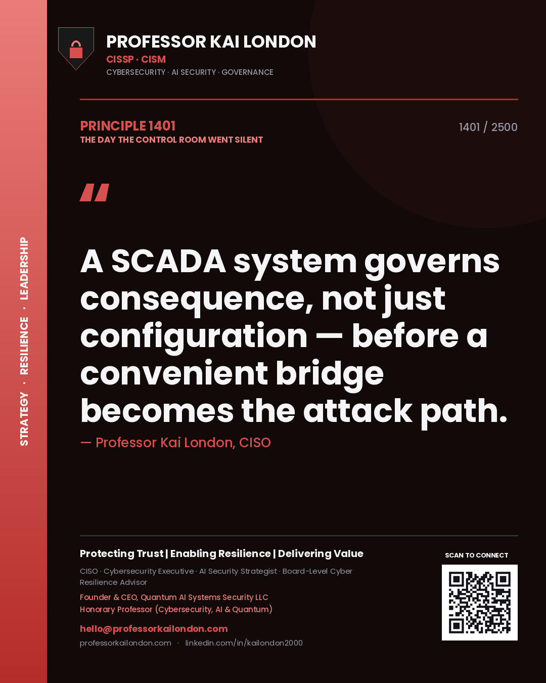 Quote card by Professor Kai London reading 'A SCADA system governs consequence, not just configuration — before a convenient bridge becomes the attack path.'. From the book The Day the Control Room Went Silent.