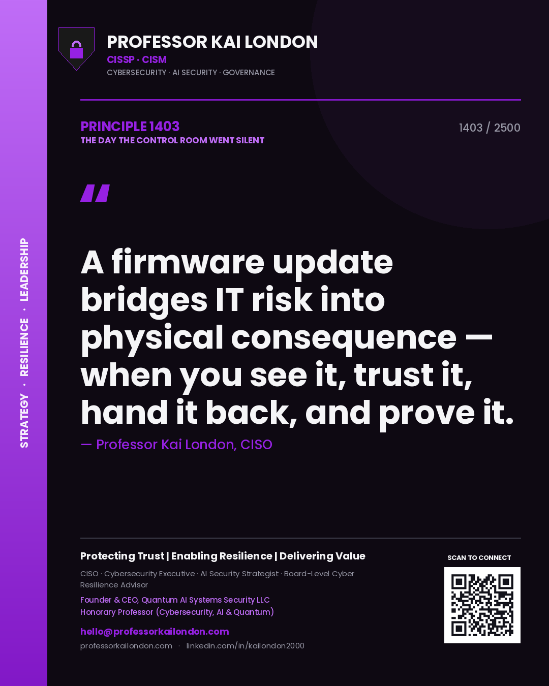 Quote card by Professor Kai London reading 'A firmware update bridges IT risk into physical consequence — when you see it, trust it, hand it back, and prove it.'. From the book The Day the Control Room Went Silent.