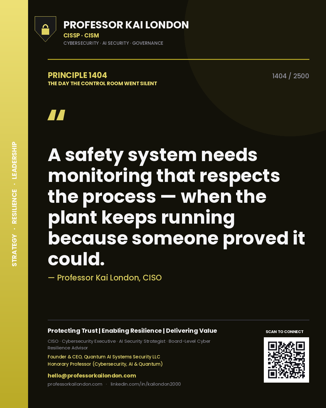 Quote card by Professor Kai London reading 'A safety system needs monitoring that respects the process — when the plant keeps running because someone proved it could.'. From the book The Day the Control Room Went Silent.