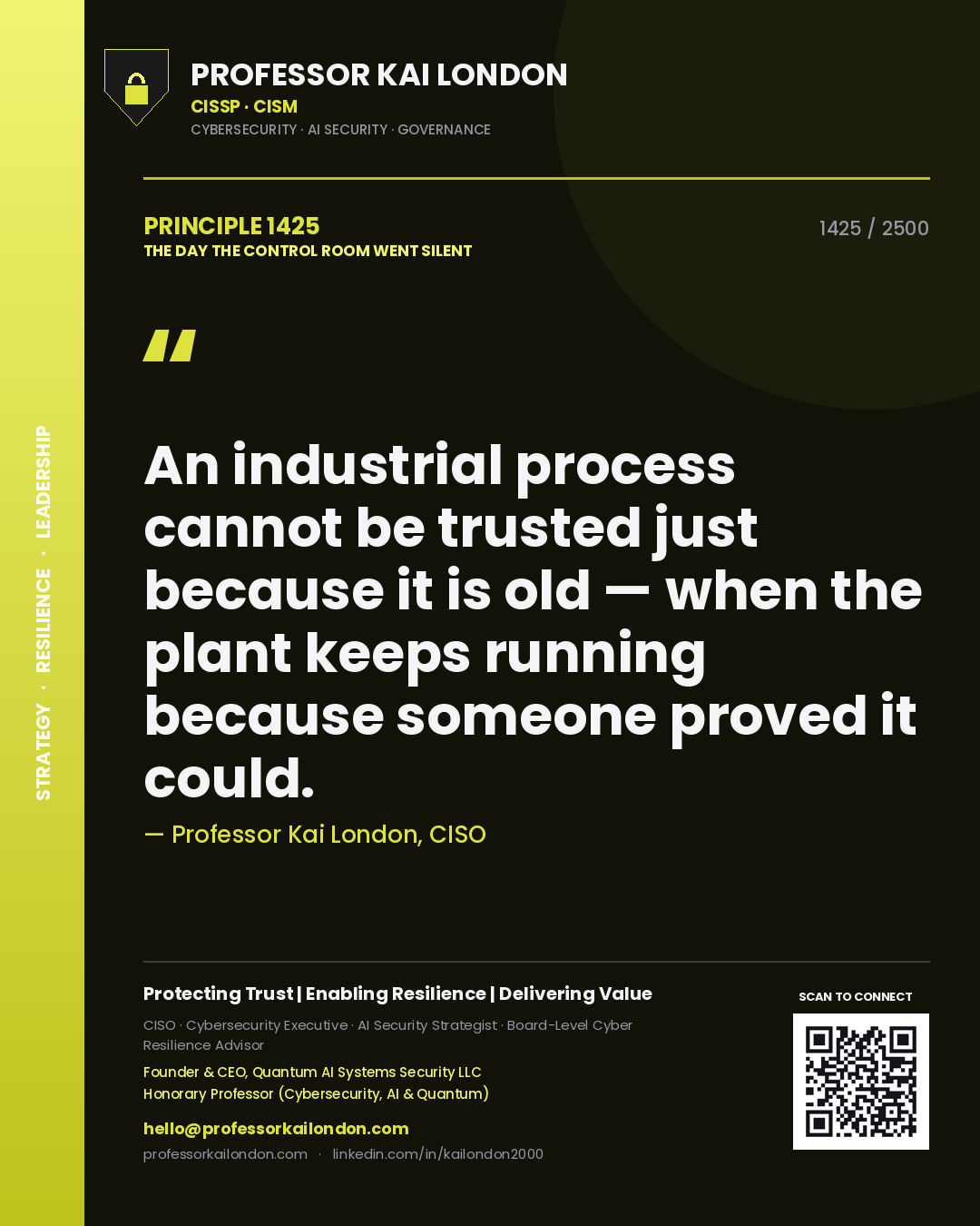 Quote card by Professor Kai London reading 'An industrial process cannot be trusted just because it is old — when the plant keeps running because someone proved it could.'. From the book The Day the Control Room Went Silent.
