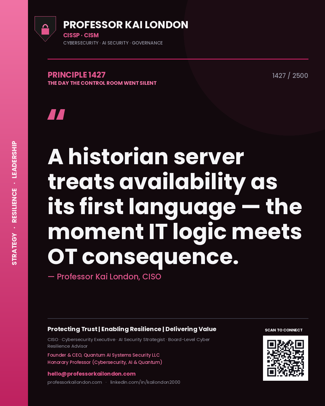 Quote card by Professor Kai London reading 'A historian server treats availability as its first language — the moment IT logic meets OT consequence.'. From the book The Day the Control Room Went Silent.