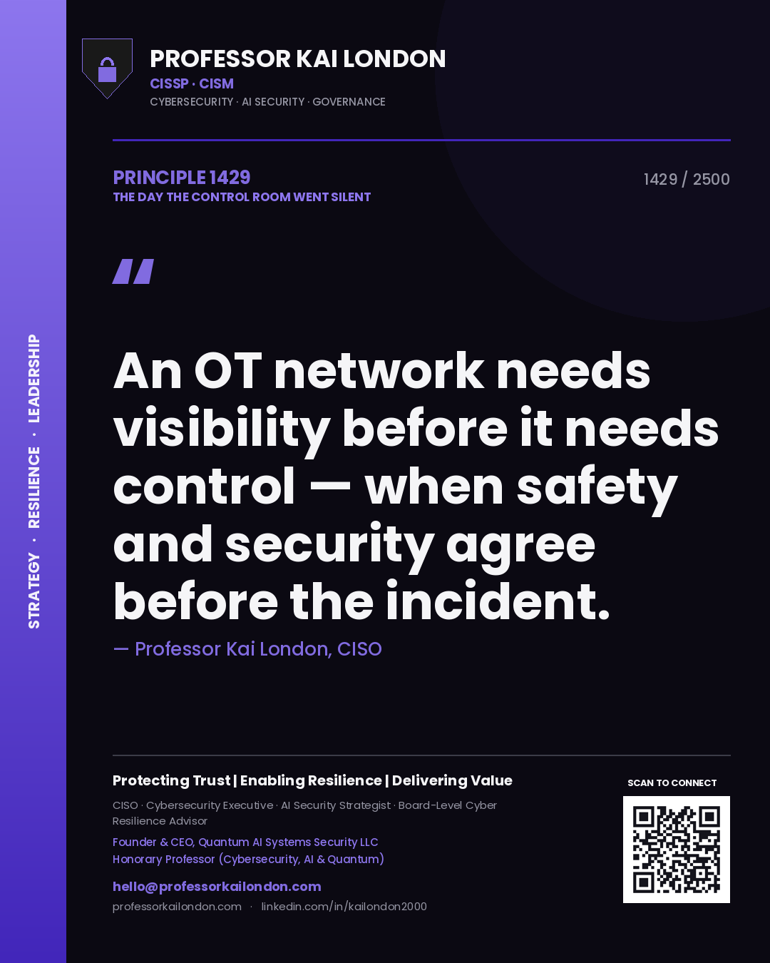 Quote card by Professor Kai London reading 'An OT network needs visibility before it needs control — when safety and security agree before the incident.'. From the book The Day the Control Room Went Silent.