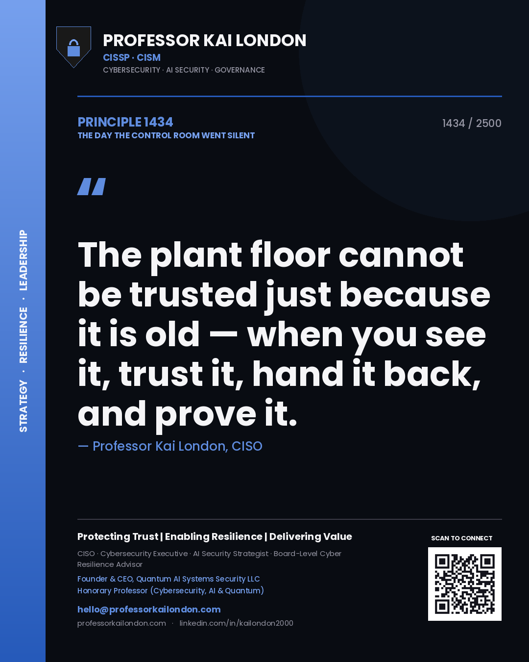 Quote card by Professor Kai London reading 'The plant floor cannot be trusted just because it is old — when you see it, trust it, hand it back, and prove it.'. From the book The Day the Control Room Went Silent.