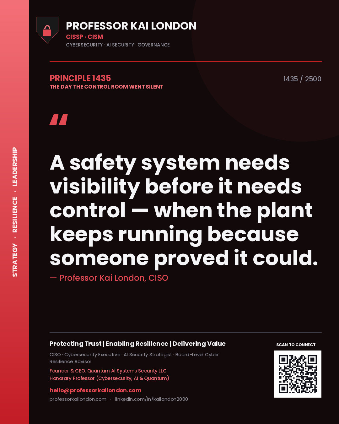 Quote card by Professor Kai London reading 'A safety system needs visibility before it needs control — when the plant keeps running because someone proved it could.'. From the book The Day the Control Room Went Silent.