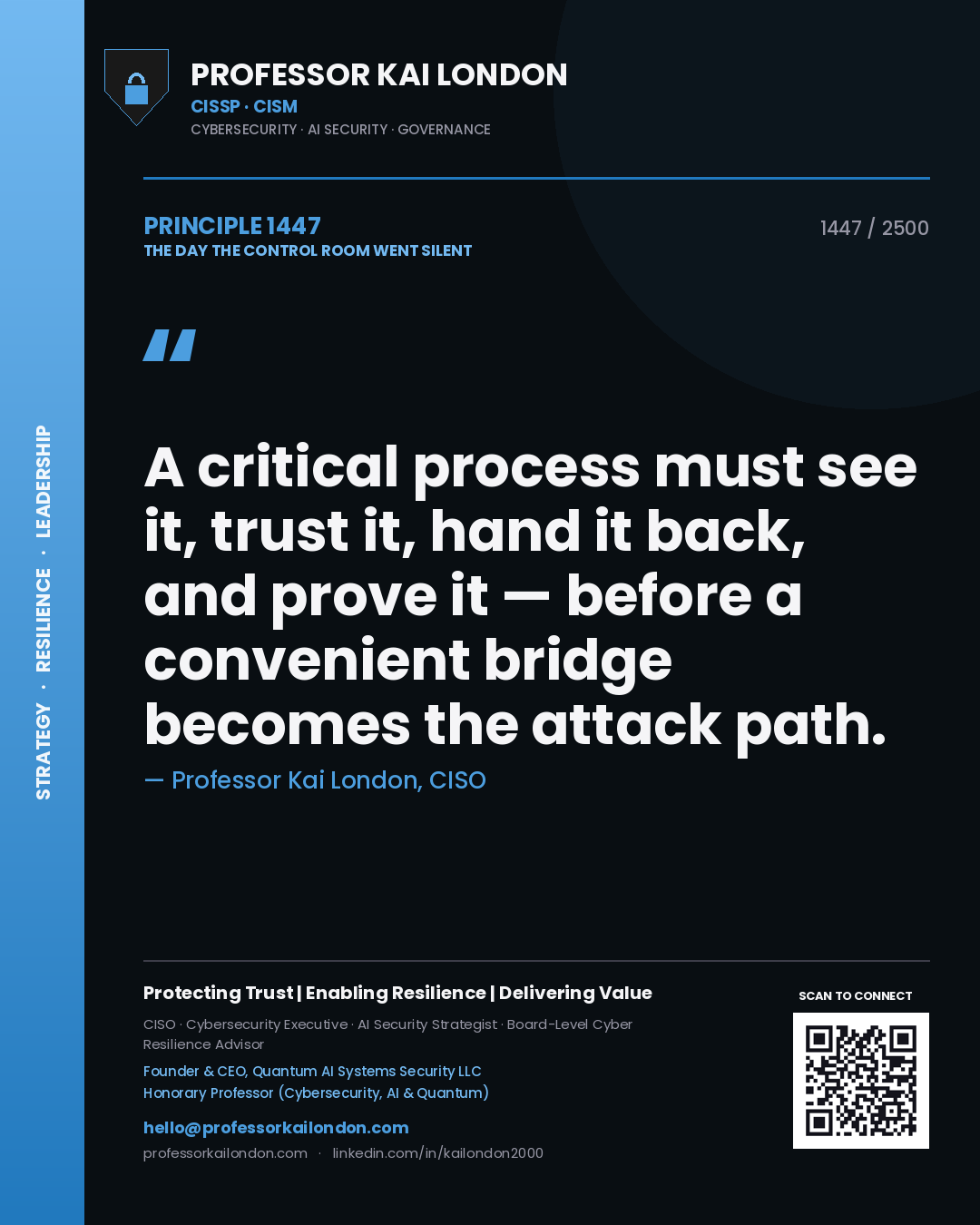 Quote card by Professor Kai London reading 'A critical process must see it, trust it, hand it back, and prove it — before a convenient bridge becomes the attack path.'. From the book The Day the Control Room Went Silent.