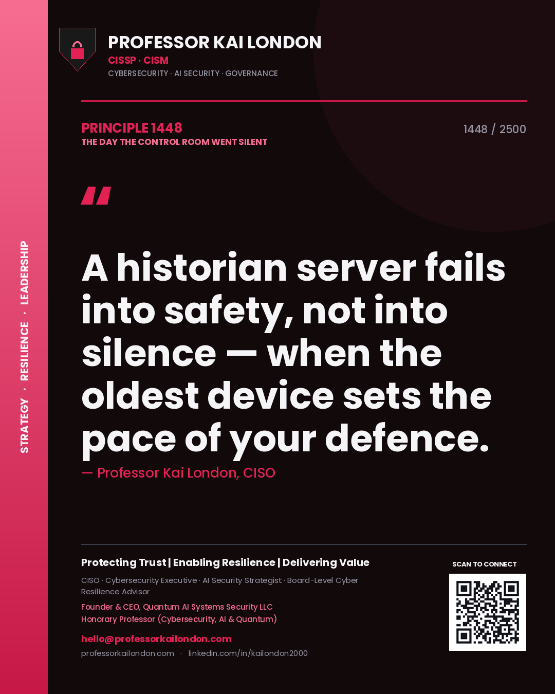 Quote card by Professor Kai London reading 'A historian server fails into safety, not into silence — when the oldest device sets the pace of your defence.'. From the book The Day the Control Room Went Silent.