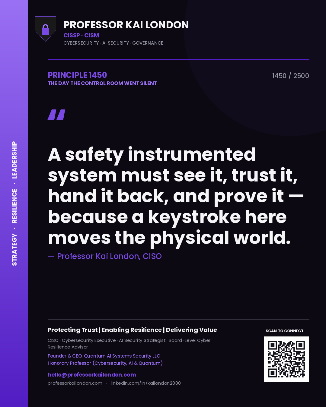 Quote card by Professor Kai London reading 'A safety instrumented system must see it, trust it, hand it back, and prove it — because a keystroke here moves the physical world.'. From the book The Day the Control Room Went Silent.