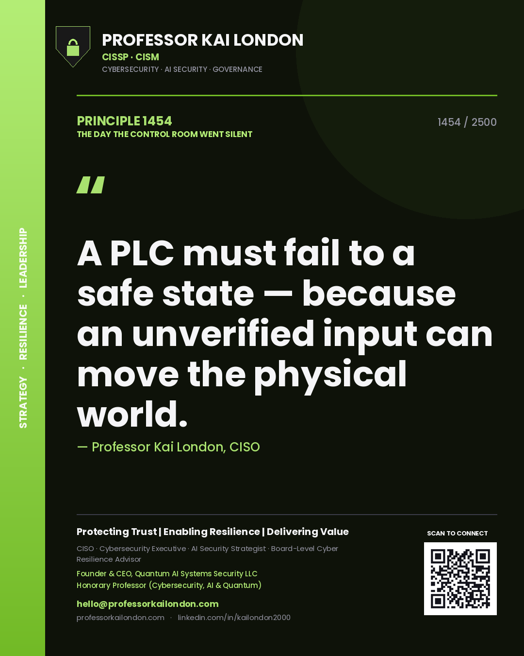 Quote card by Professor Kai London reading 'A PLC must fail to a safe state — because an unverified input can move the physical world.'. From the book The Day the Control Room Went Silent.