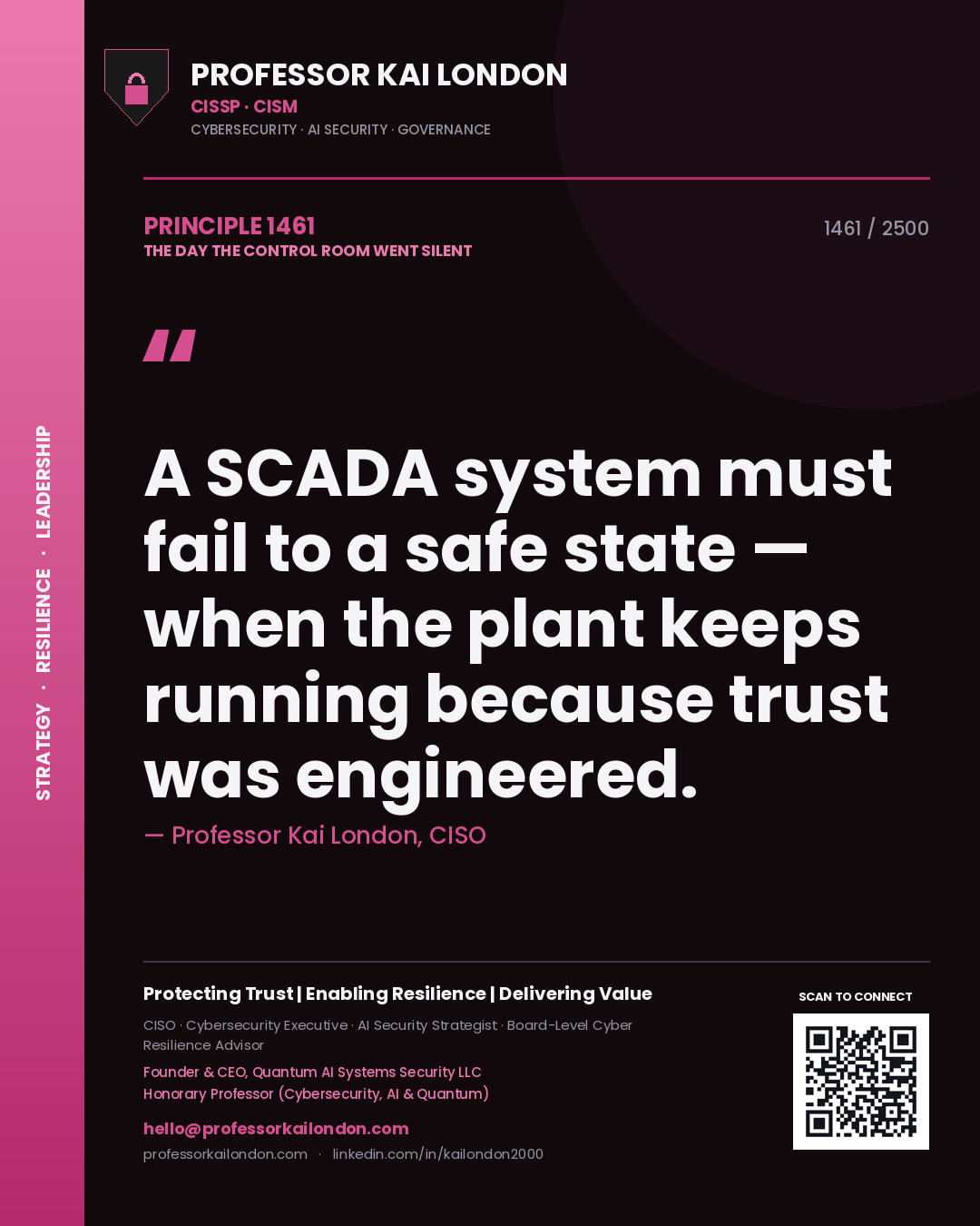 Quote card by Professor Kai London reading 'A SCADA system must fail to a safe state — when the plant keeps running because trust was engineered.'. From the book The Day the Control Room Went Silent.