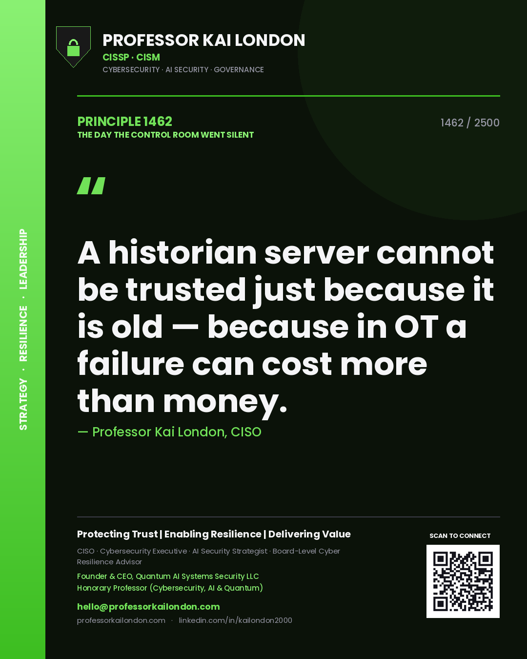 Quote card by Professor Kai London reading 'A historian server cannot be trusted just because it is old — because in OT a failure can cost more than money.'. From the book The Day the Control Room Went Silent.